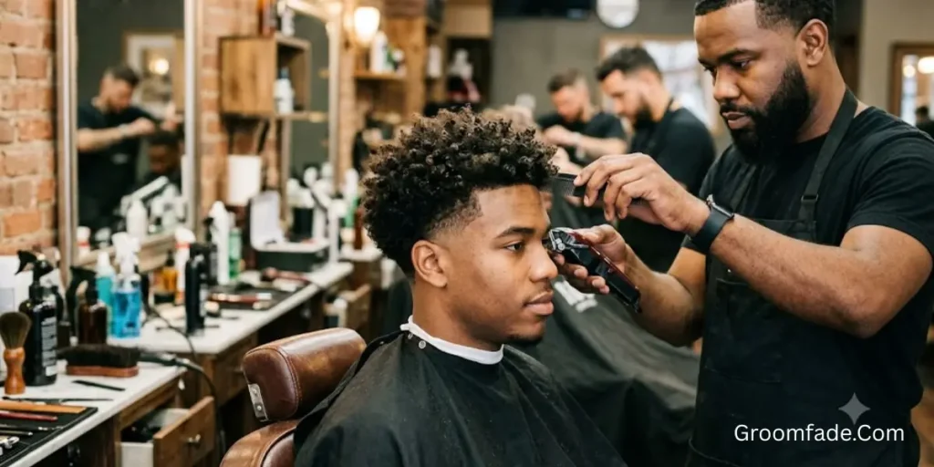 Barber for a Low Taper Fade Curly Hair Haircut