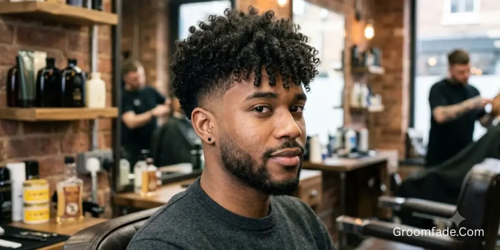 Curly Fringe with Mid Taper Fade