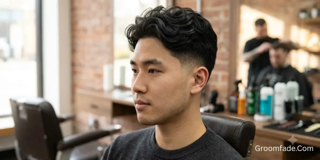 Low Taper Fade Asian Straight Hair with Natural Waves