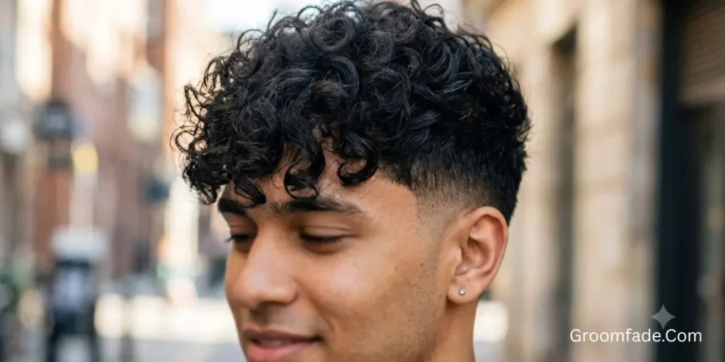 Low Taper Fade Curly Hair Fringe