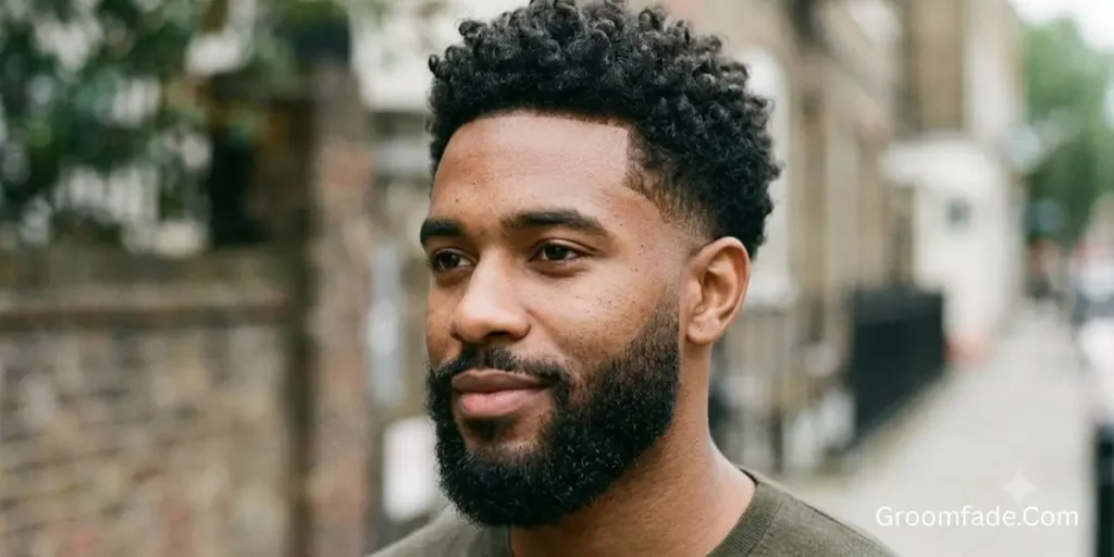 Low Taper Fade Curly Hair with Beard