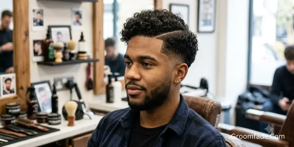 Low Taper Fade Curly Hair with Hard Part