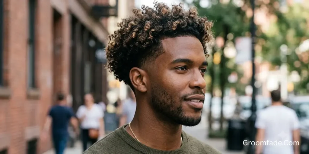 Low Taper Fade Curly Hair with Highlights