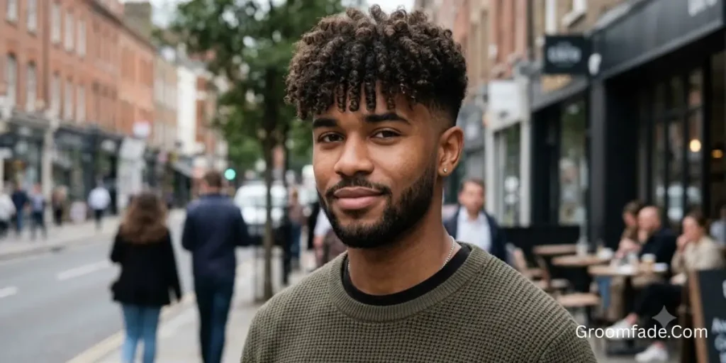 Low Taper Fade with Curly Fringe