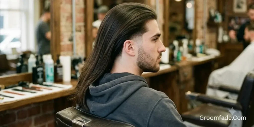 Low Taper Fade with Long Straight Hair