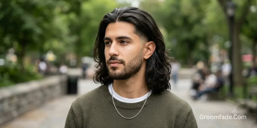 Middle Part Long Hair Taper Fade