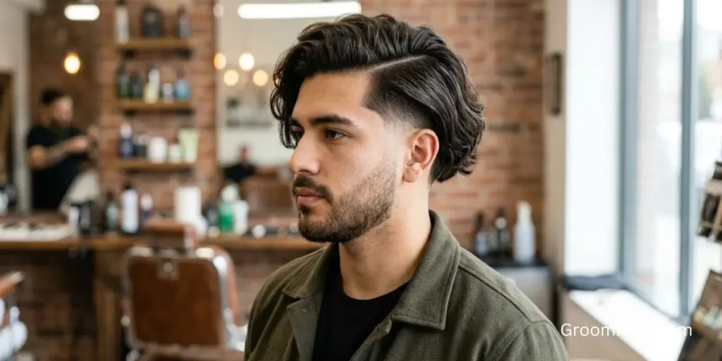 Side Part Long Hair Taper Fade