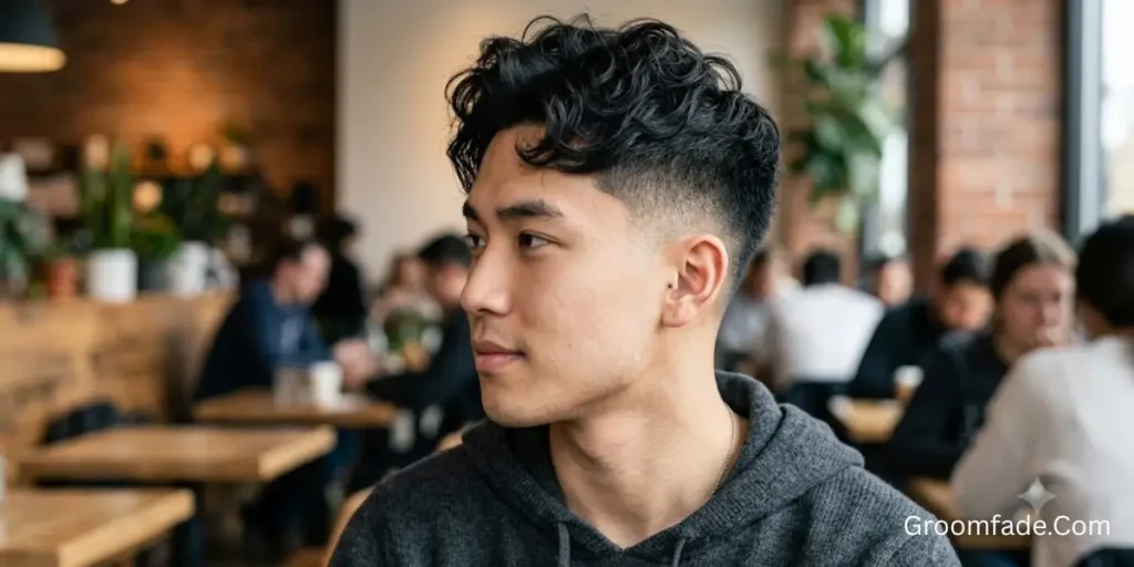 Taper Low Fade Haircut Asian Straight Hair with Curled Texture