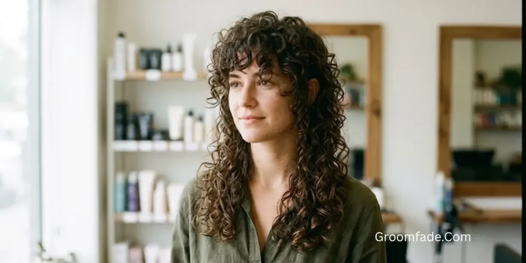 Long Mullet Haircut Woman With Curly Hair