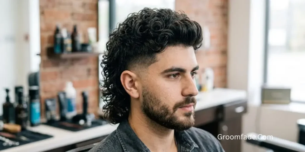Curly Mid Fade Mullet