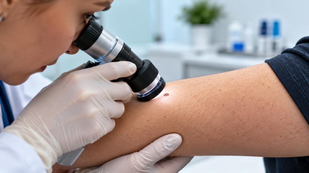 Dermatologist using a dermatoscope to examine a mole during a skin cancer check