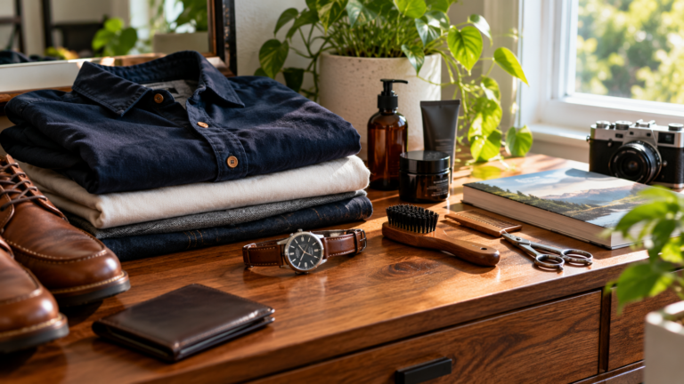 Men's clothing, leather shoes, wristwatch and grooming essentials arranged on a wooden dresser